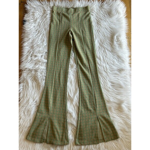 Urban Outfitters Size Small Green Plaid Flare Open Slit Leg Trousers NWOT - Picture 4 of 10
